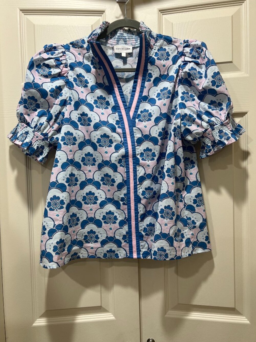 NEW Women’s Entro Floral Blouse Blue Pink Puff Sleeve Smocked Ruffle Top Medium